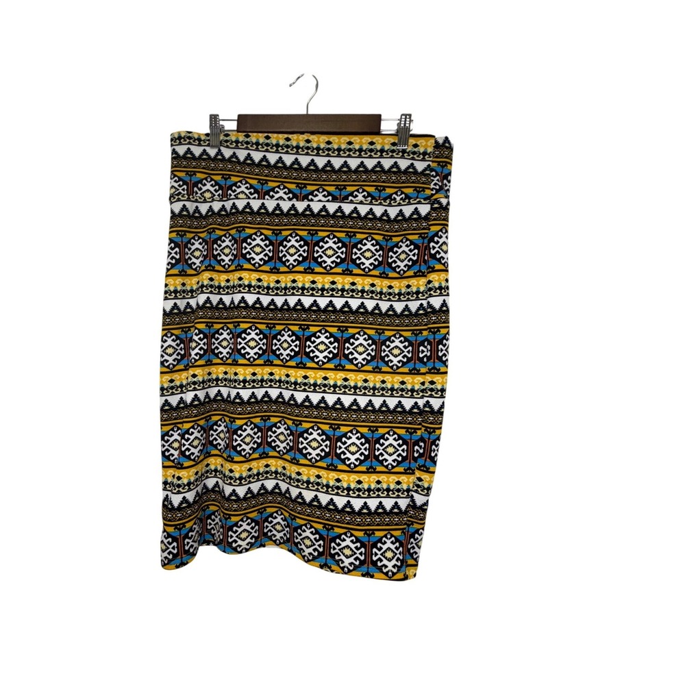LuLaRoe Cassie Pencil Skirt XL Geometric Tribal Print Yellow Blue Aztec Stretchy